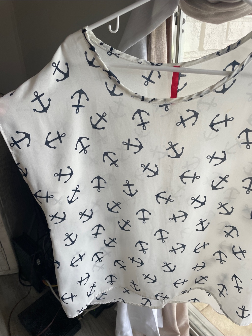 Nautical Anchor Print Sleeveless Blouse — White/Navy